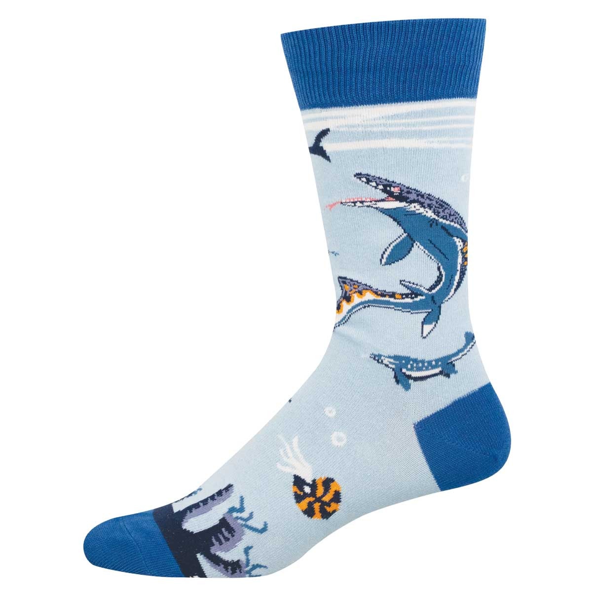 Blue crew sock featuring a mosasaurus in an ocean scene