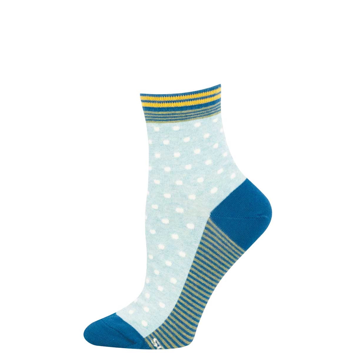 A light blue mini crew sock with white polka dots, and blue and green stripes around the ankle and along the bottom of the foot