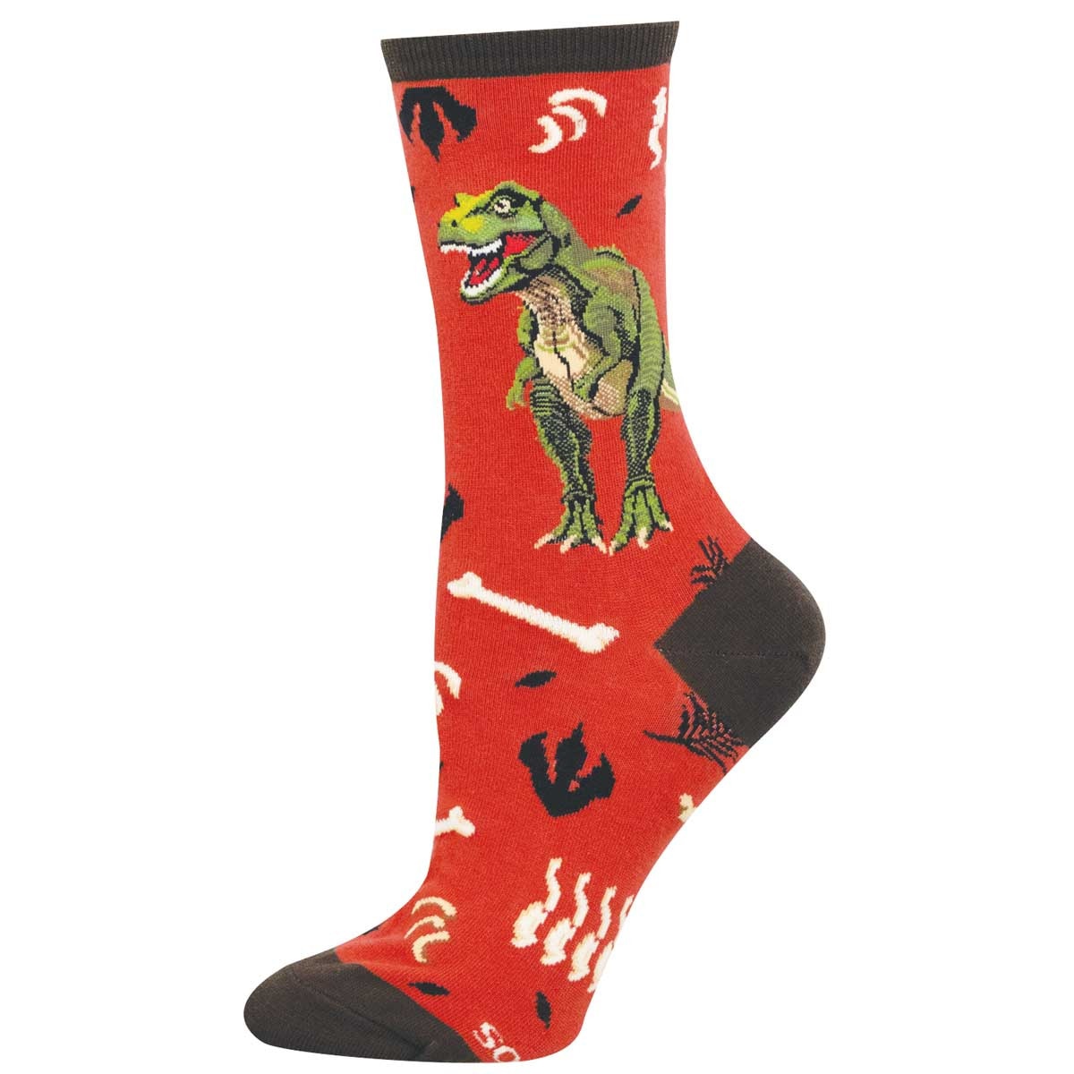 Red crew sock with brown accents featuring a t-rex surrounded by plants, footprints, and bones