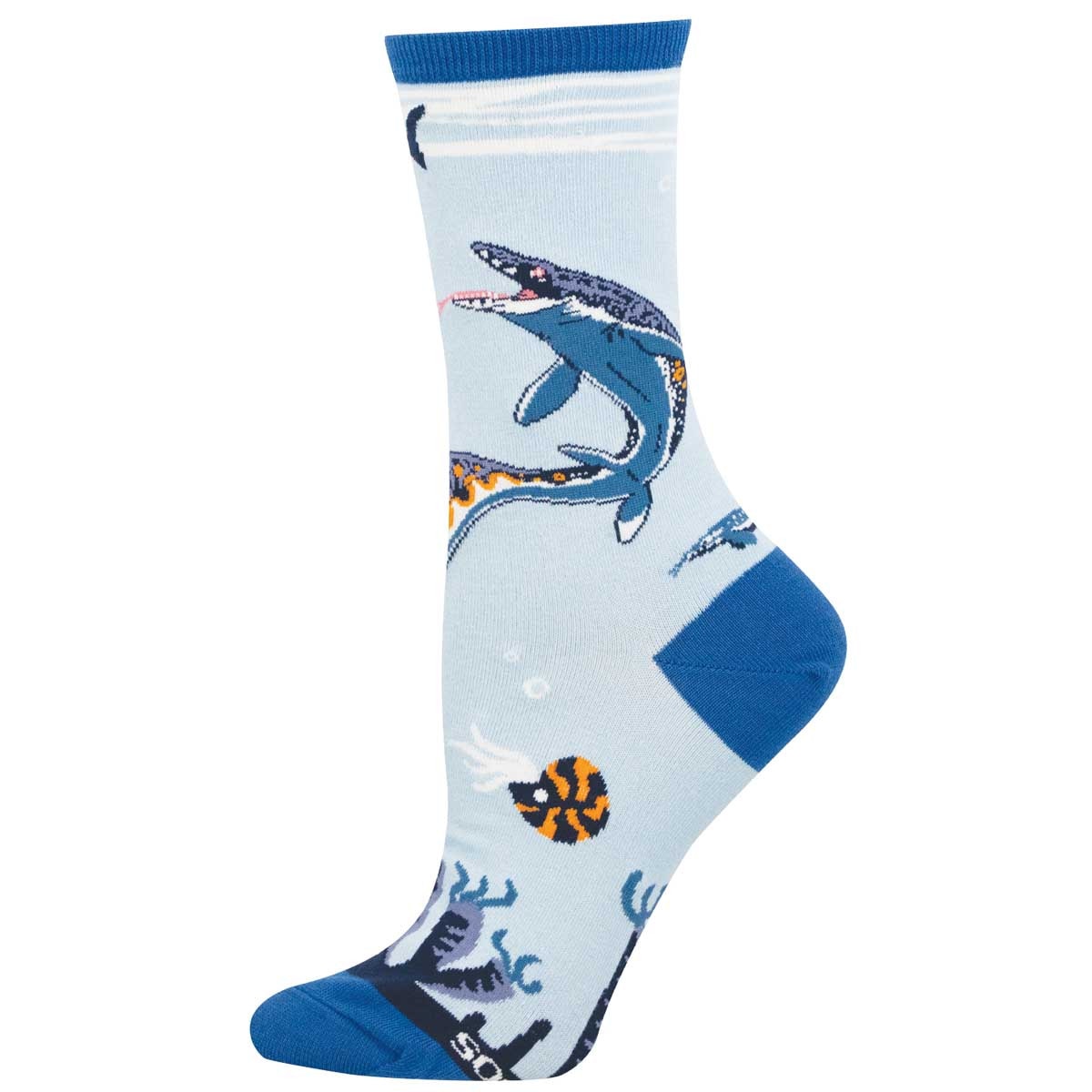 Blue crew sock featuring a mosasaurus in an ocean scene