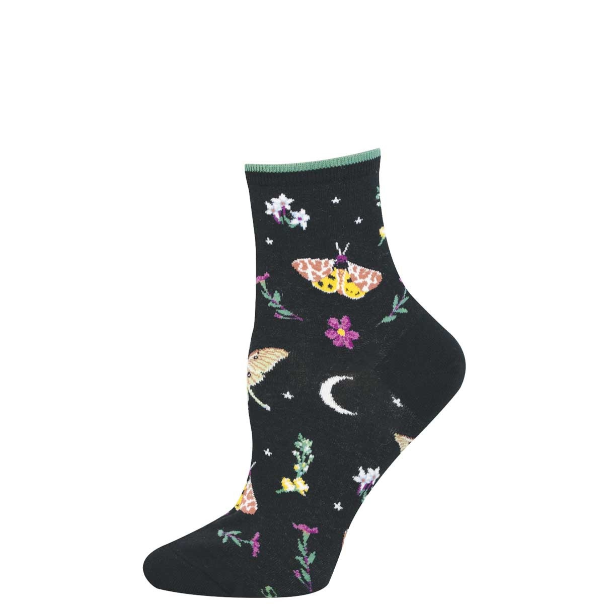 A black mini crew sock with a green stripe at the ankle and moth, moon and stars, and floral designs