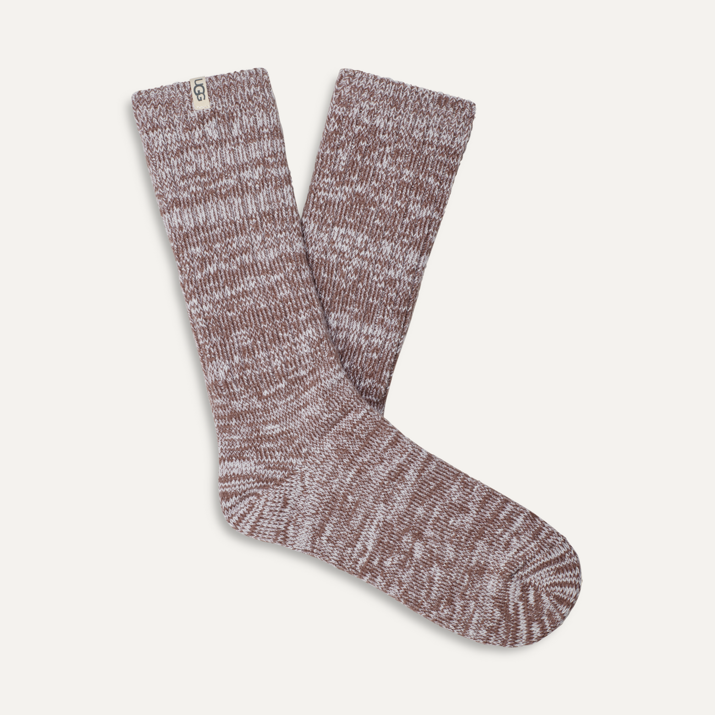 A pair of brown and gray rib-knit slouchy socks.