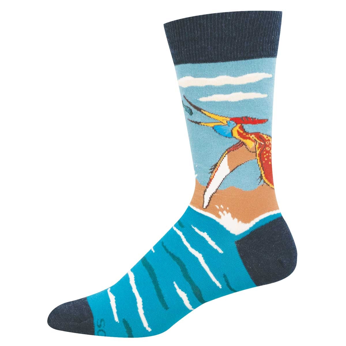 A blue crew sock featuring a pteranodon  catching a fish while flying over the ocean
