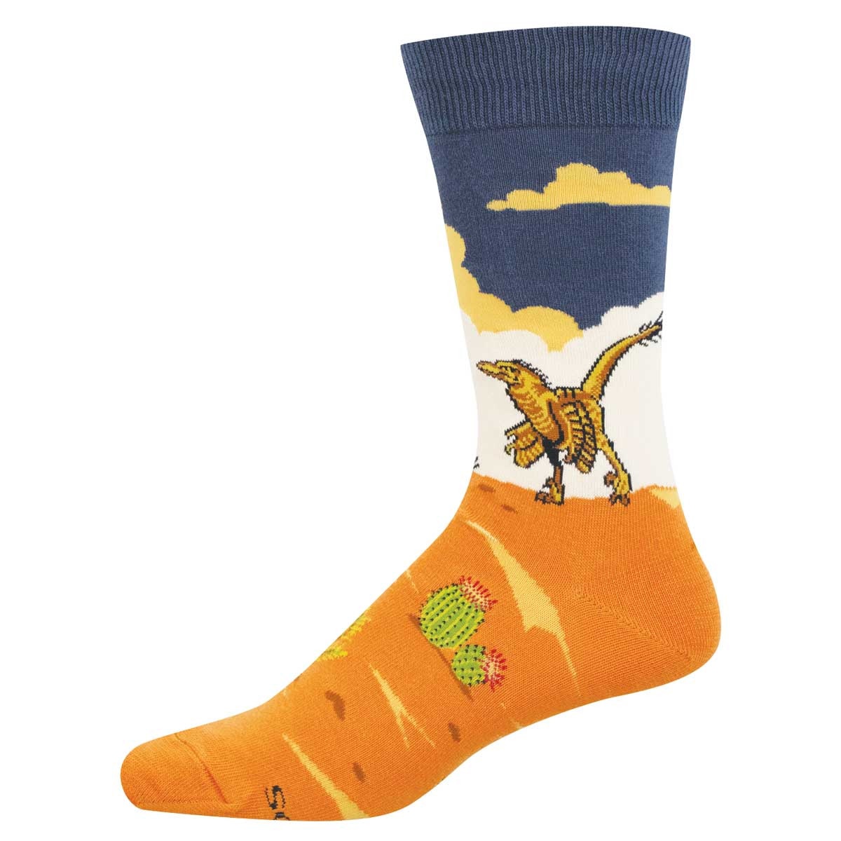 Crew sock featuring a velociraptor against a navy and orange desert landscape