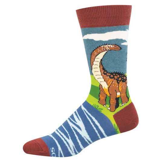Crew sock featuring a brontosaurus against a blue and green landscape