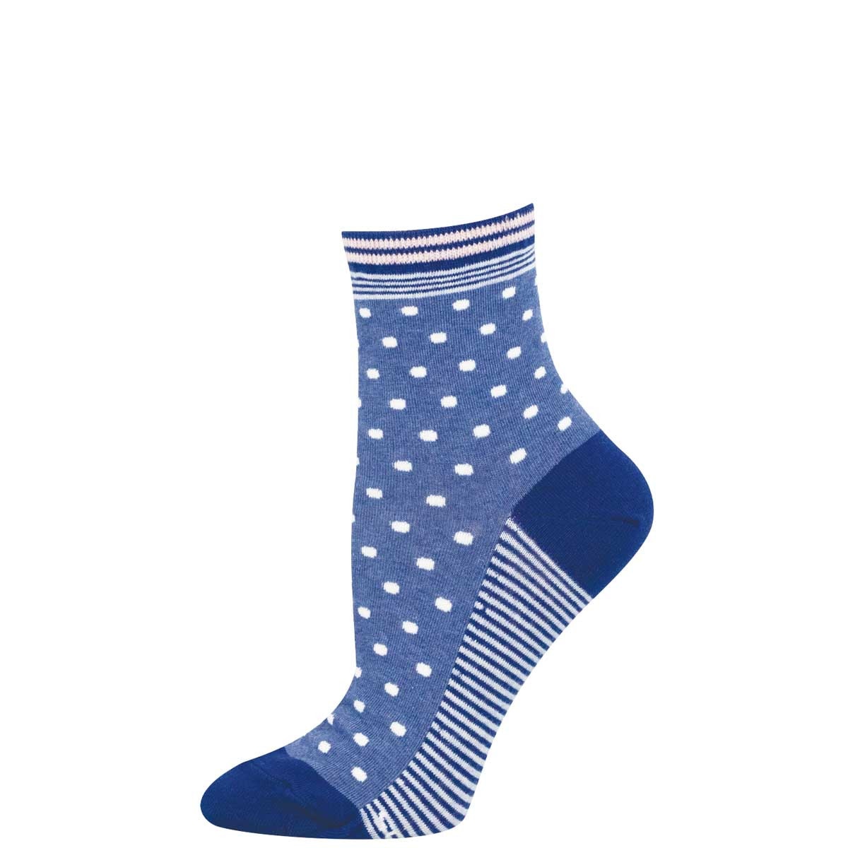 A navy mini crew sock with white polka dots, and stripes around the ankle and along the bottom of the foot