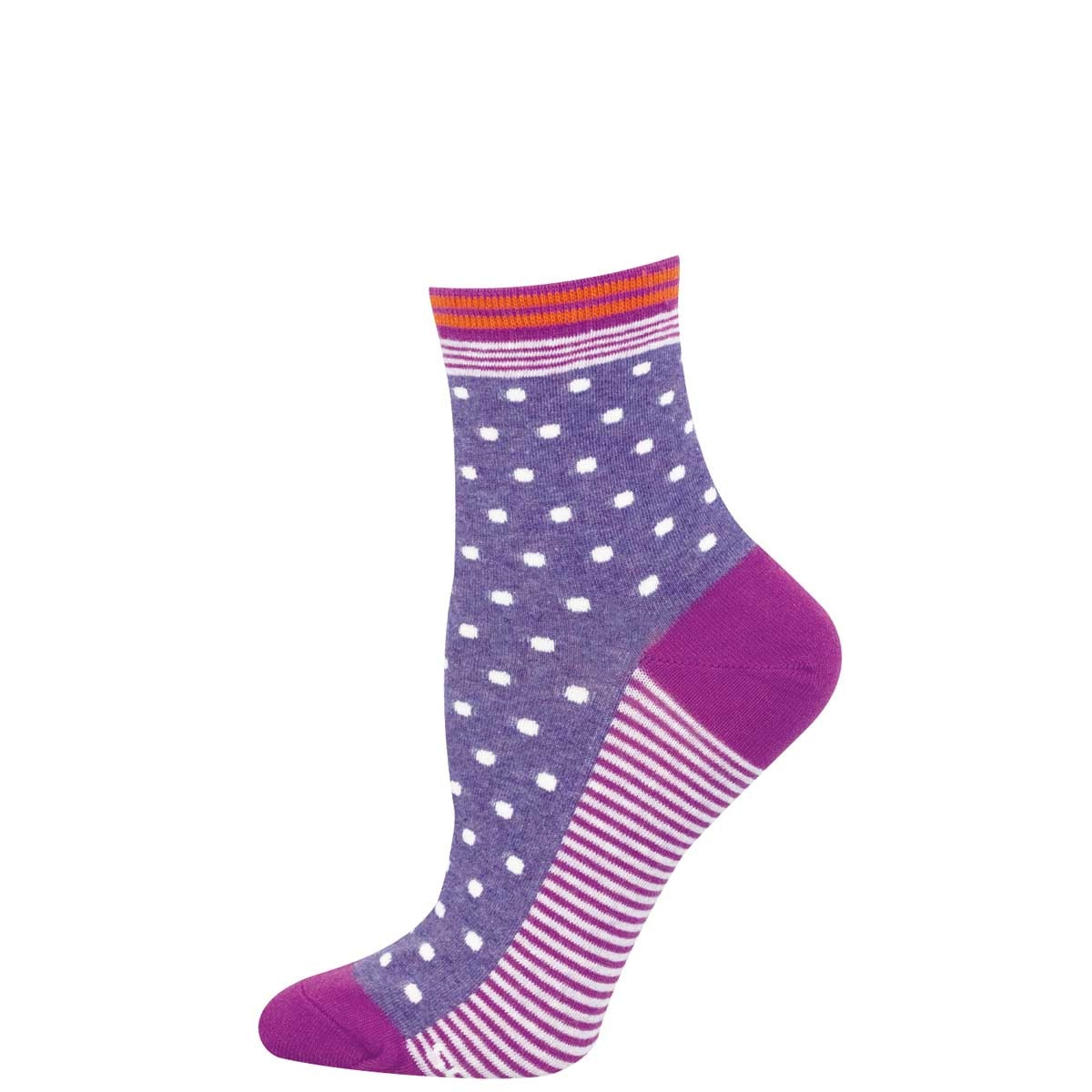 A purple mini crew sock with white polka dots, and contrasting stripes in pink and orange around the ankle and along the bottom of the foot
