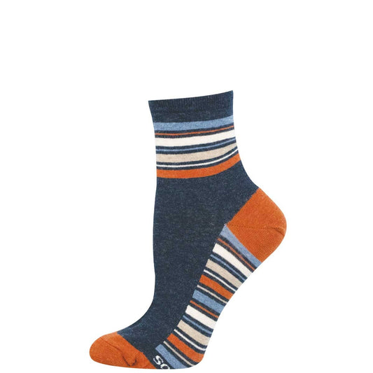 A navy mini crew sock with blue, white, and orange stripes around the ankle and along the bottom of the foot