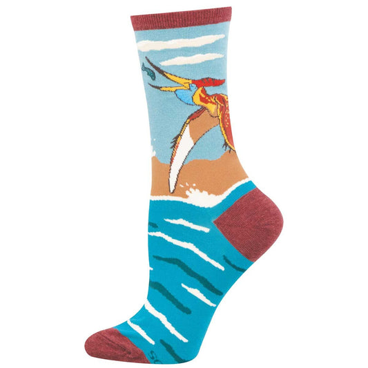 Blue crew sock featuring a pteranodon catching a fish while flying over the ocean