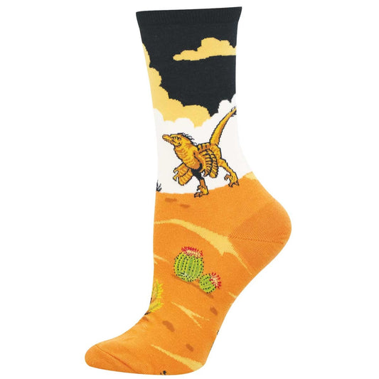Crew sock featuring a velociraptor against an orange and black desert landscape
