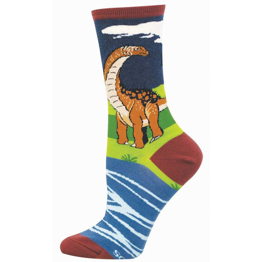 Crew sock featuring a brontosaurus against a blue and green landscape