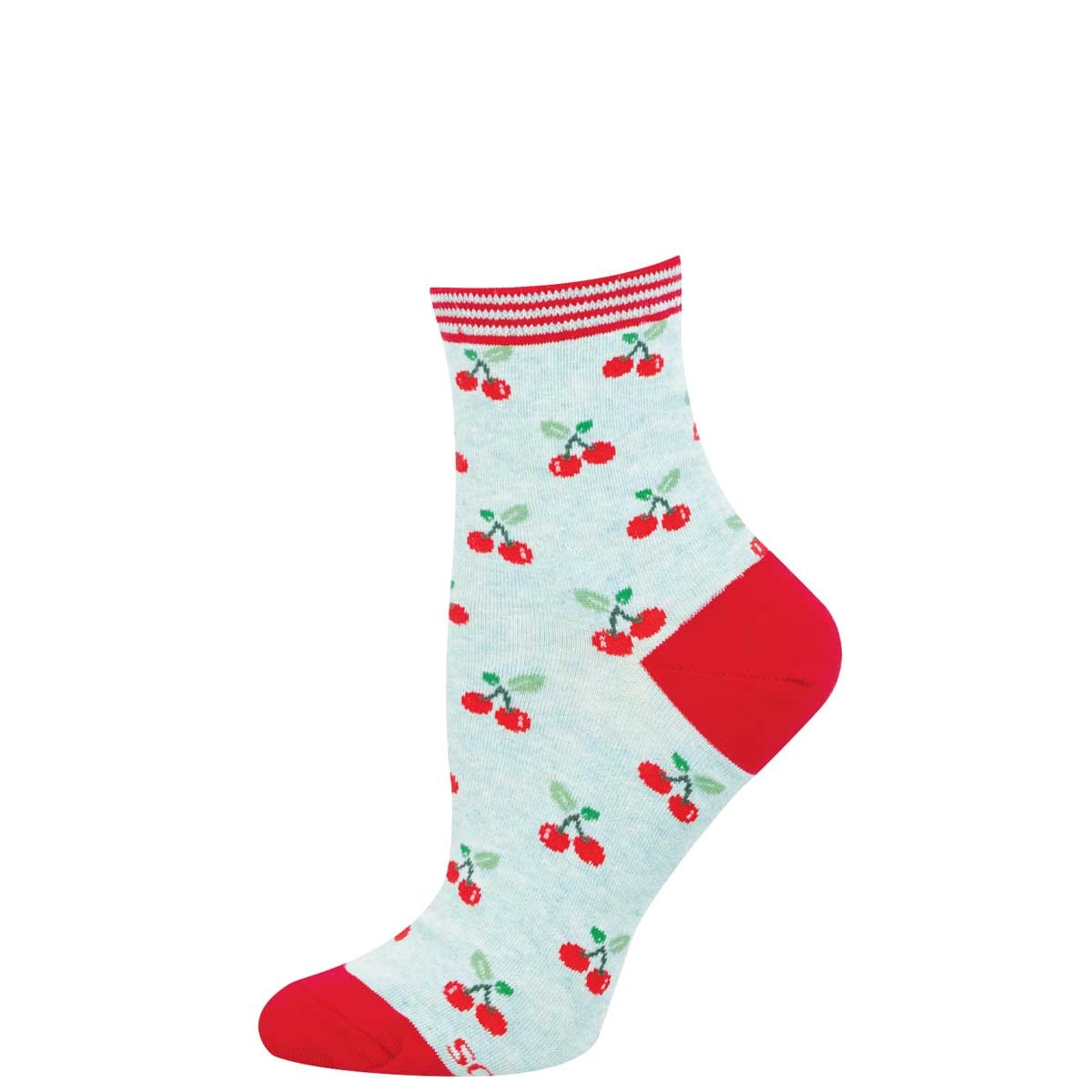 A light blue mini crew sock with an allover cherry pattern and red accents at the heel, toe, and ankle