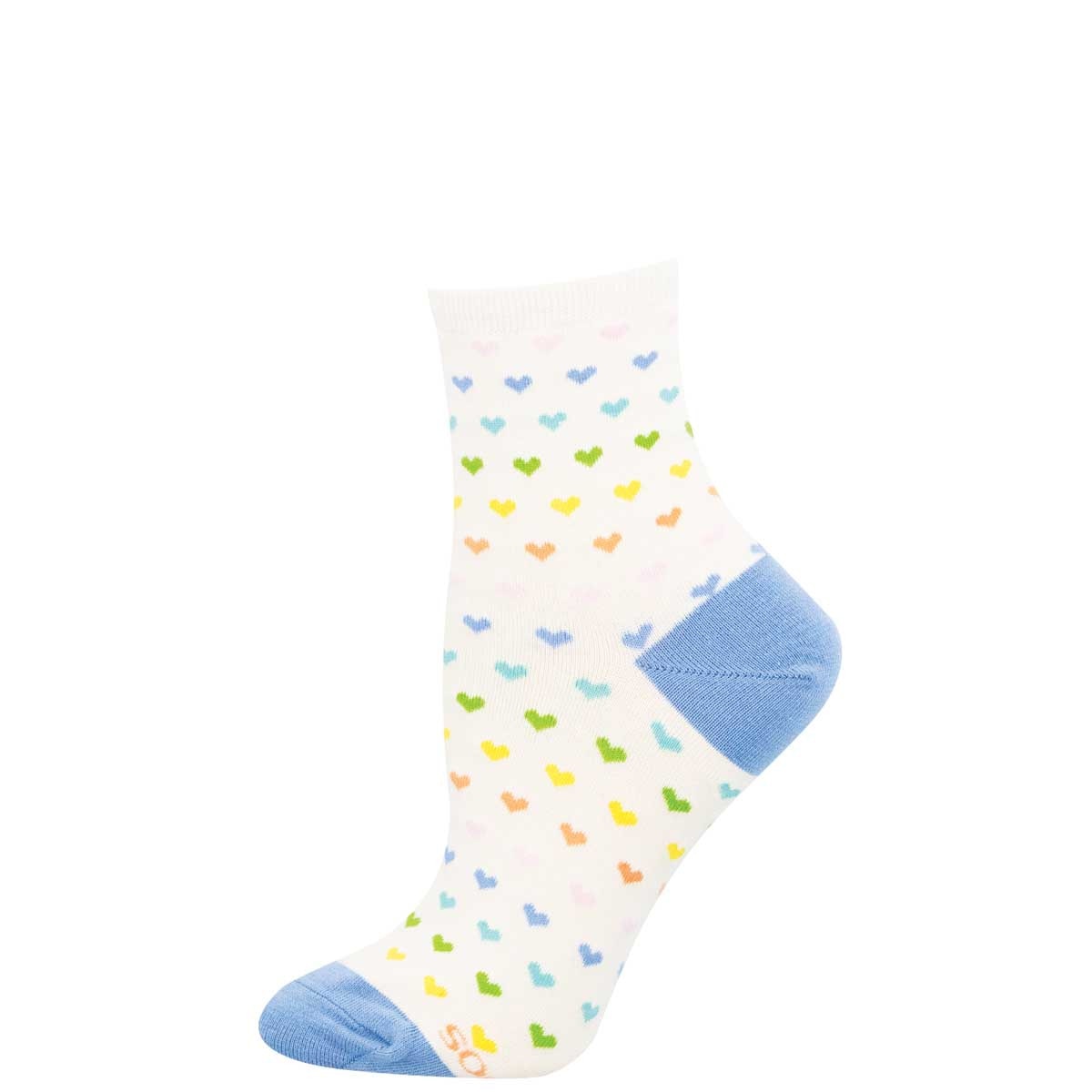White mini crew sock with repeating heart pattern in soft rainbow shades