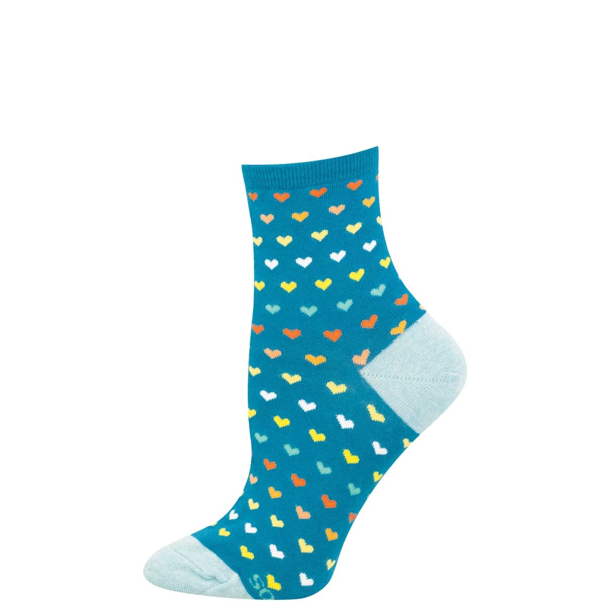 Blue mini crew sock with repeating heart pattern in bright rainbow shades