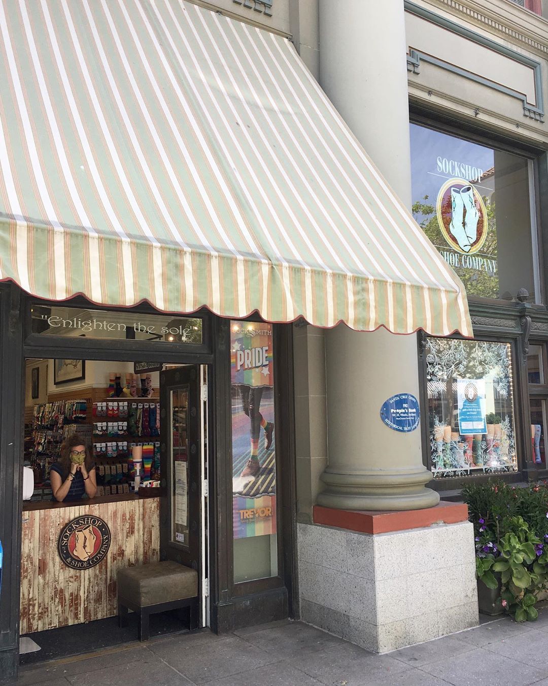 The front door of Sockshop & Shoe Co's downtown Santa Cruz storefront
