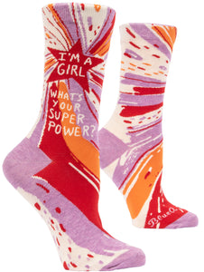 Blue Q I'm a Girl, What's your Superpower? in pink, fits women's size 5 to 10.