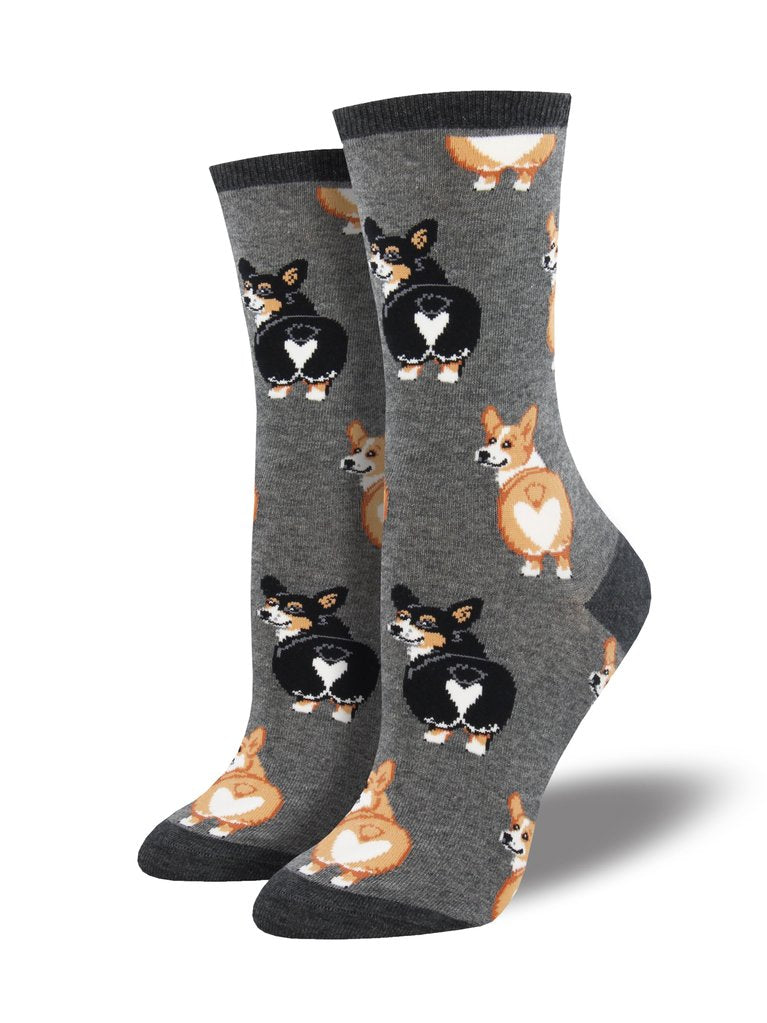 Socksmith's Corgi Butts in charcoal heather, women's size 5 to 10.